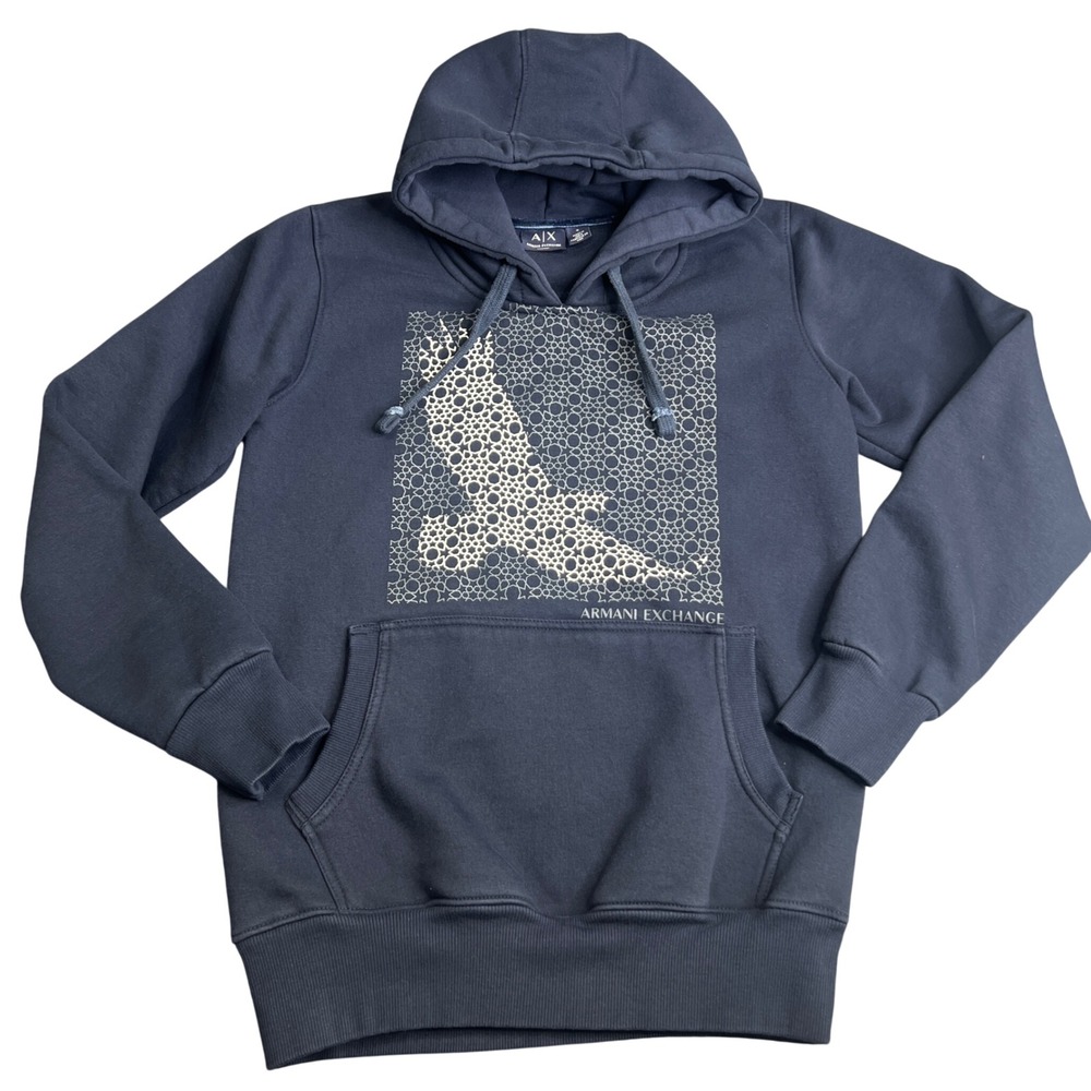 Armani Exchange Mens Navy Blue Geometric Eagle Graphic Pullover Hoodie Small